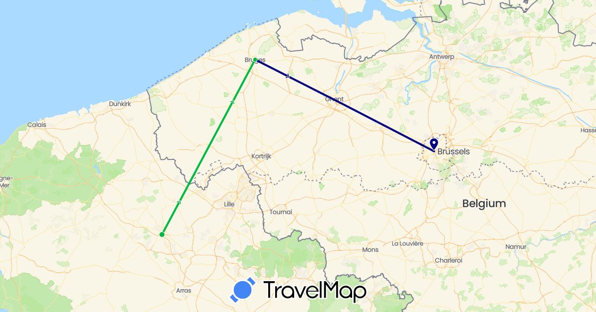 TravelMap itinerary: driving, bus in Belgium, France (Europe)